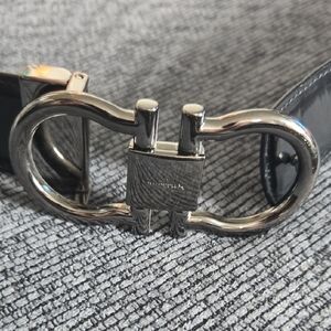 Salvatore Ferragamo Black and Silver Belt with Signature Buckle